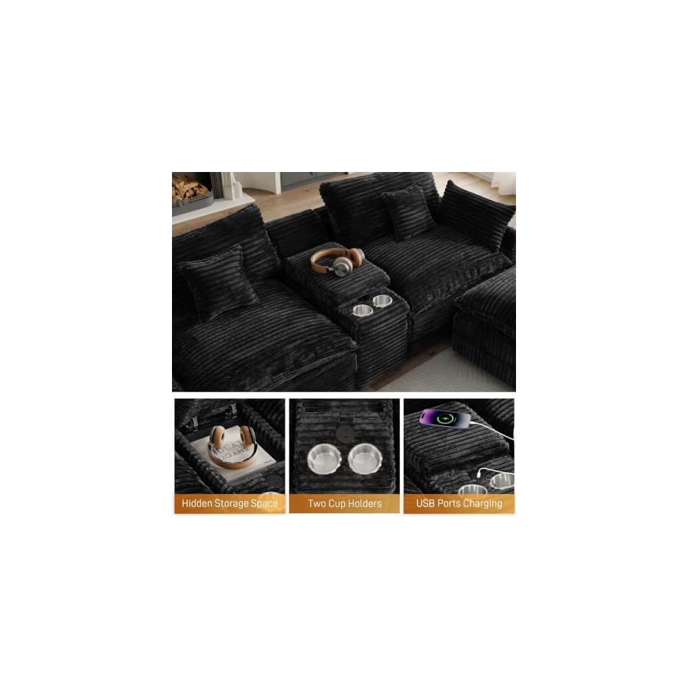 KEIKI 141-Inch U Shaped Corduroy Cloud Couch, 6 Seat Sofa Set, Black
