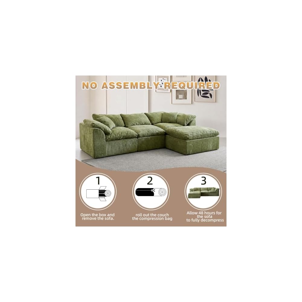 109" Modern Cloud Couches for Living Room, Deep Seat Convertible L-Shape Boneless Couch with Ottoman, Oversized Comfy 3-Seater Couch Chenille Fabric Compressed Sofa Modular Sectional Sofa, (Green)
