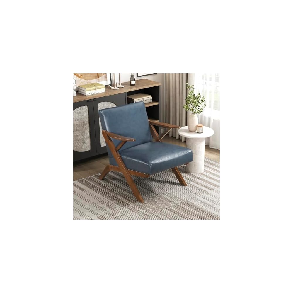 Lexicon Mid Century Modern Accent Chair, Faux Leather Upholstered Lounge Seat, Brown Finish Solid Wood Framed Comfy Side Chair for Living Room/Bedroom/Office/Waiting Area, Blue