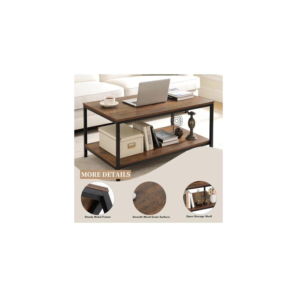 SUPER DEAL 2-Tier Industrial Coffee Table with Storage Shelf for Small Apartment Living Room, Rectangle Wood and Stable Metal TV Stand Side End Table, Rustic Brown