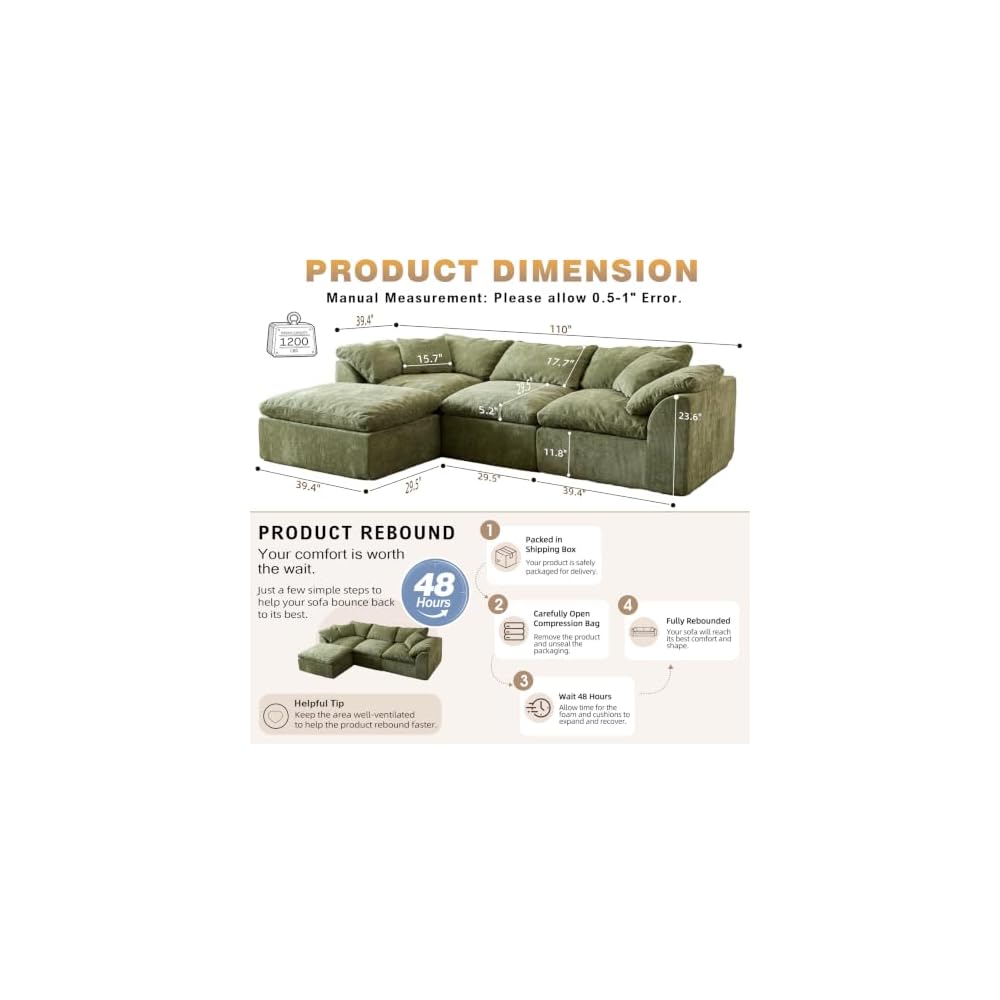 109" Modern Cloud Couches for Living Room, Deep Seat Convertible L-Shape Boneless Couch with Ottoman, Oversized Comfy 3-Seater Couch Chenille Fabric Compressed Sofa Modular Sectional Sofa, (Green)
