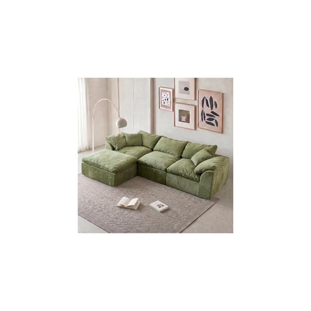109" Modern Cloud Couches for Living Room, Deep Seat Convertible L-Shape Boneless Couch with Ottoman, Oversized Comfy 3-Seater Couch Chenille Fabric Compressed Sofa Modular Sectional Sofa, (Green)