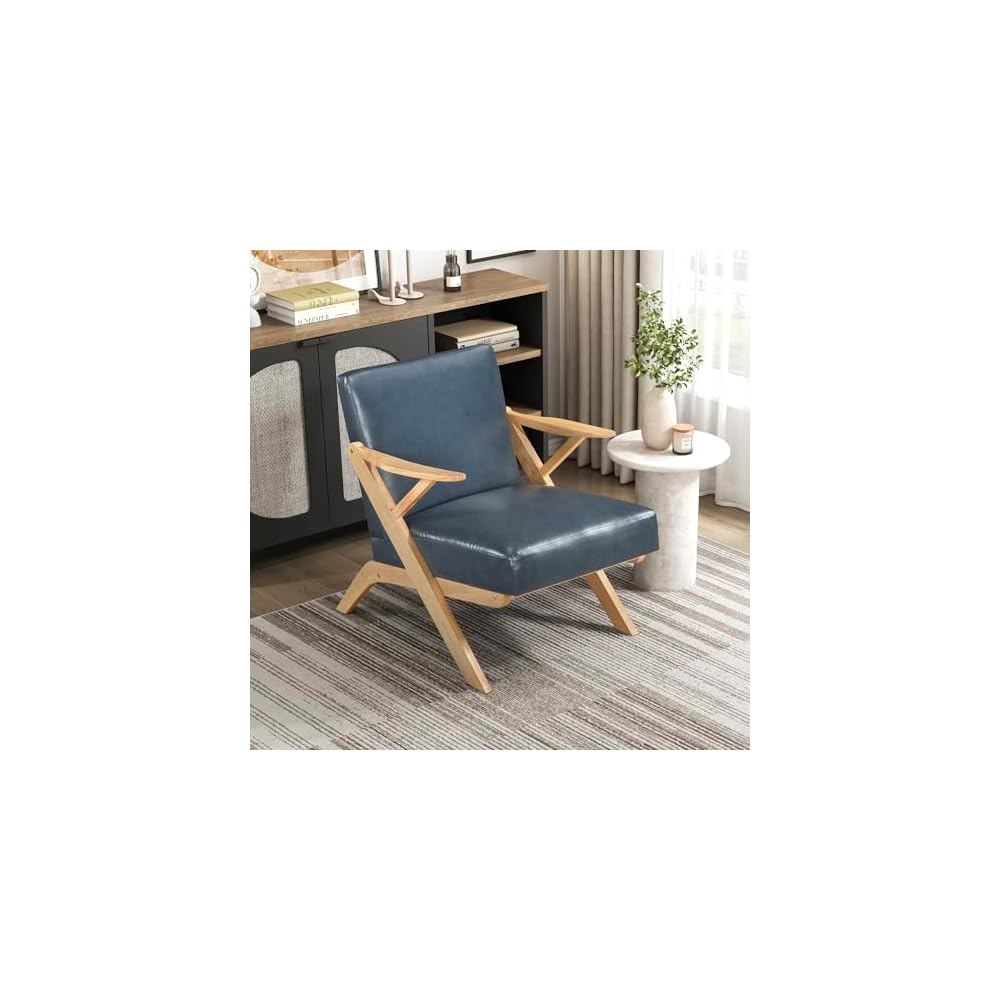 Lexicon Mid Century Modern Accent Chair, Faux Leather Upholstered Lounge Seat, Brown Finish Solid Wood Framed Comfy Side Chair for Living Room/Bedroom/Office/Waiting Area, Blue