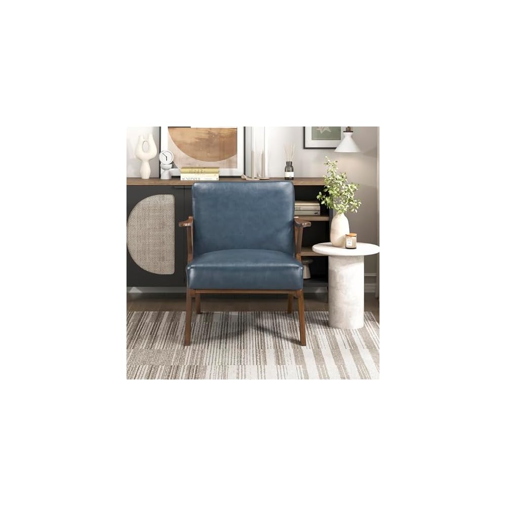 Lexicon Mid Century Modern Accent Chair, Faux Leather Upholstered Lounge Seat, Brown Finish Solid Wood Framed Comfy Side Chair for Living Room/Bedroom/Office/Waiting Area, Blue