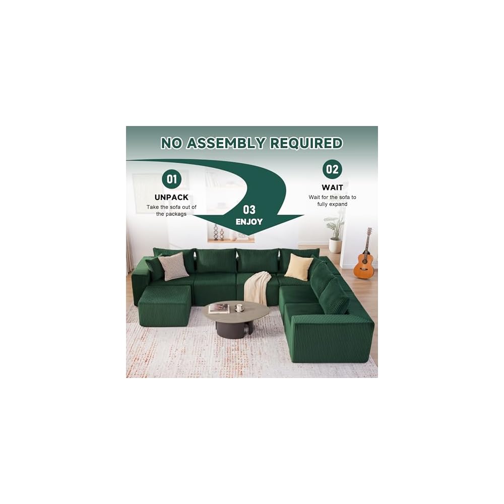 U-Shaped Boneless Couch, Cloud Couch Sectional, Modular Sofa with Deep Seat, Convertible Sectional Couches for Living Room, Plush Corduroy U Shaped Boneless Couch (Green, 6 Seater & 1 Ottoman)
