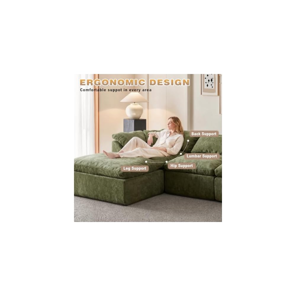 109" Modern Cloud Couches for Living Room, Deep Seat Convertible L-Shape Boneless Couch with Ottoman, Oversized Comfy 3-Seater Couch Chenille Fabric Compressed Sofa Modular Sectional Sofa, (Green)