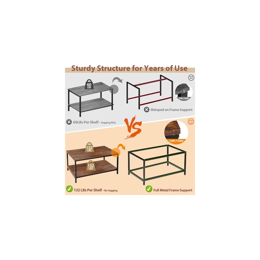 SUPER DEAL 2-Tier Industrial Coffee Table with Storage Shelf for Small Apartment Living Room, Rectangle Wood and Stable Metal TV Stand Side End Table, Rustic Brown