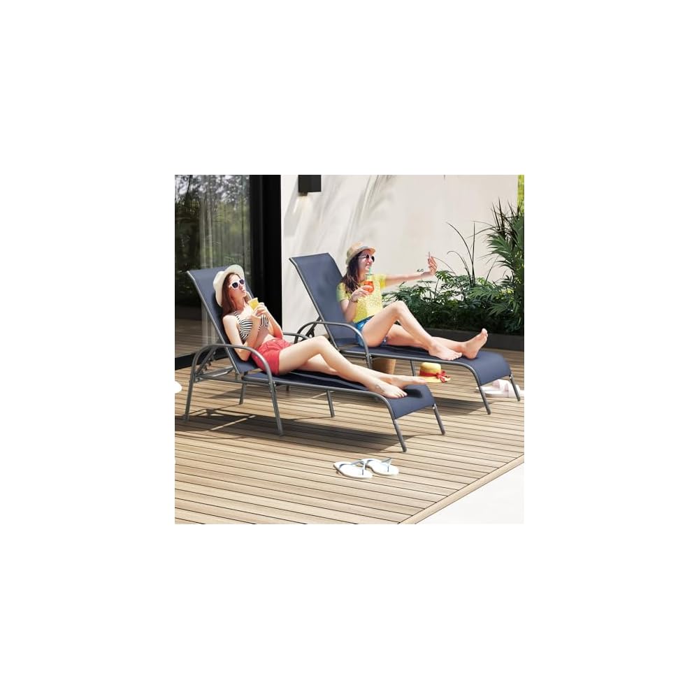 GIANTEX 2 Pack Patio Lounge Chair with 5 Adjustable Backrest, Navy