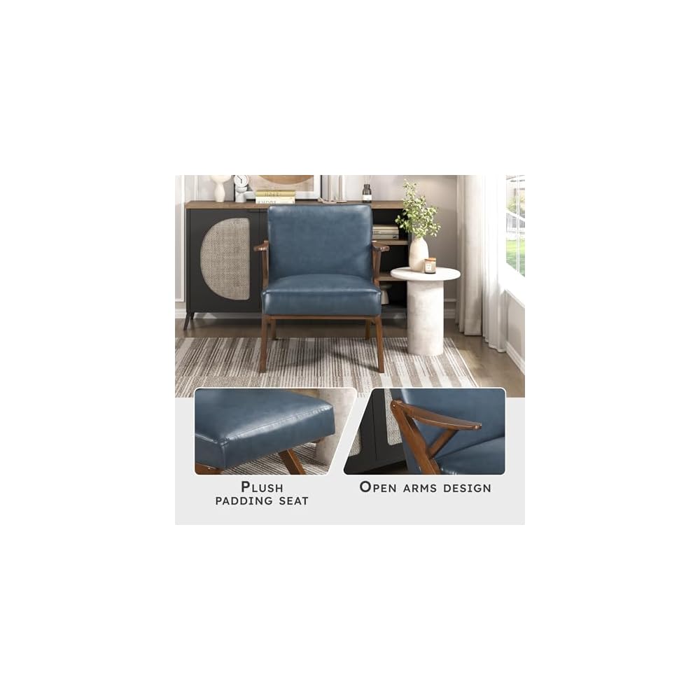 Lexicon Mid Century Modern Accent Chair, Faux Leather Upholstered Lounge Seat, Brown Finish Solid Wood Framed Comfy Side Chair for Living Room/Bedroom/Office/Waiting Area, Blue