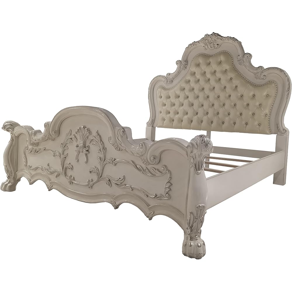 Acme Dresden Tufted Bed with Nailhead Trim in Bone White