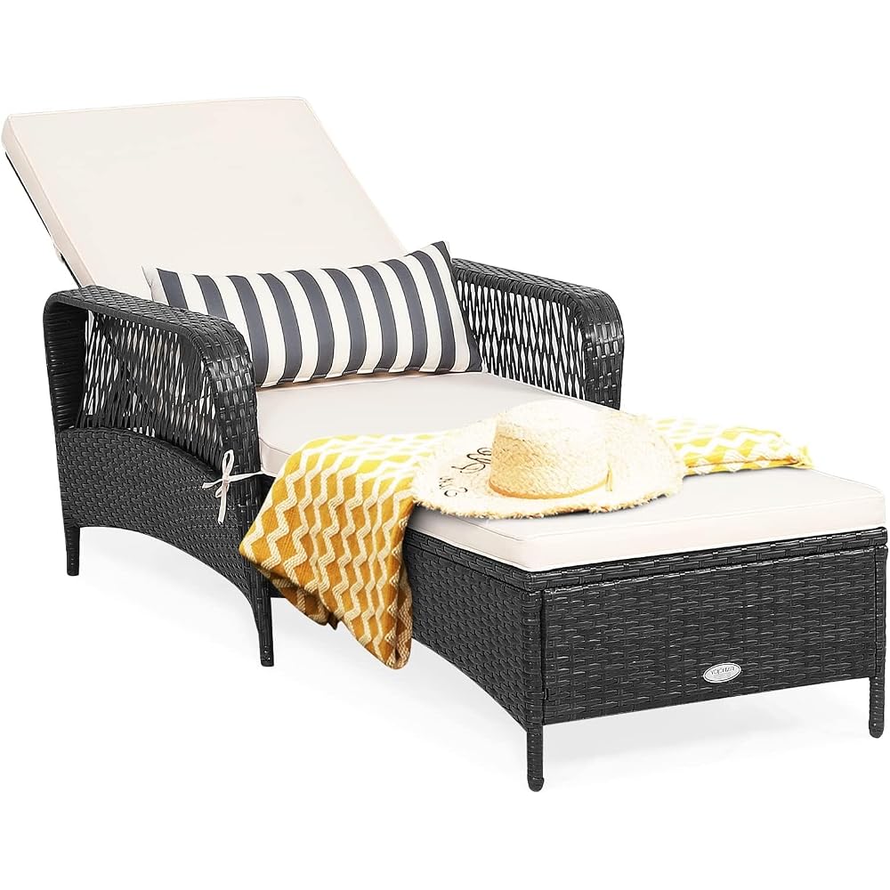 HAPPYGRILL Patio Chaise Lounge Chair Outdoor Rattan Wicker Recliner