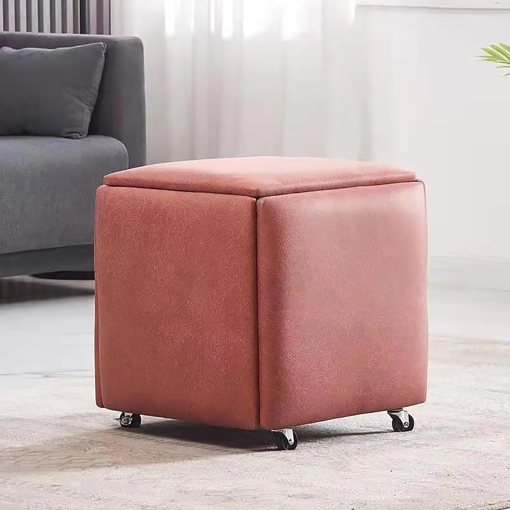 5 in 1 Stackable Leather Seating Cube with Swivel Casters Stool Sofa Chair Dressing Chair for Living Room Bedroom (14x14x15 Leather)