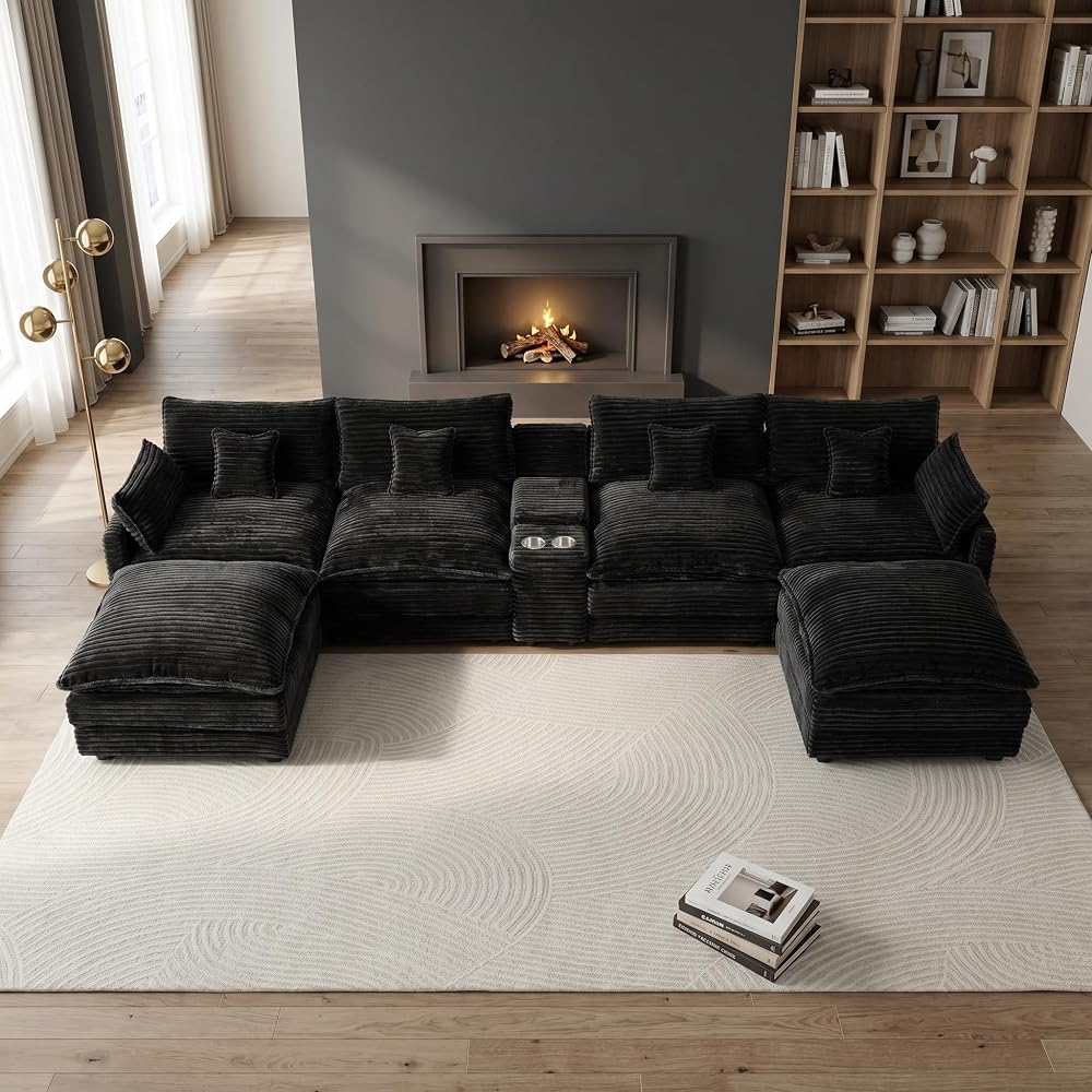 KEIKI 141-Inch U Shaped Corduroy Cloud Couch, 6 Seat Sofa Set, Black