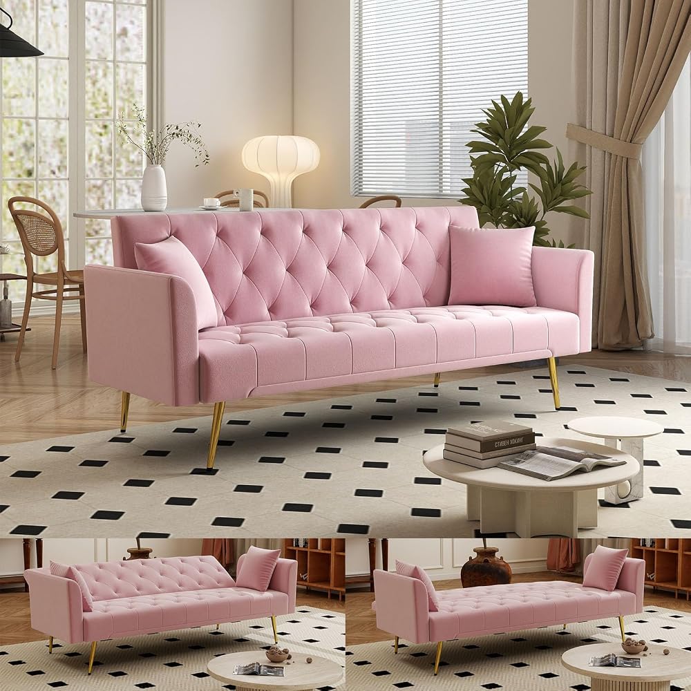 Velvet Convertible Futon Sofa Bed with 3 Adjustable Tufted Backrest，Pink