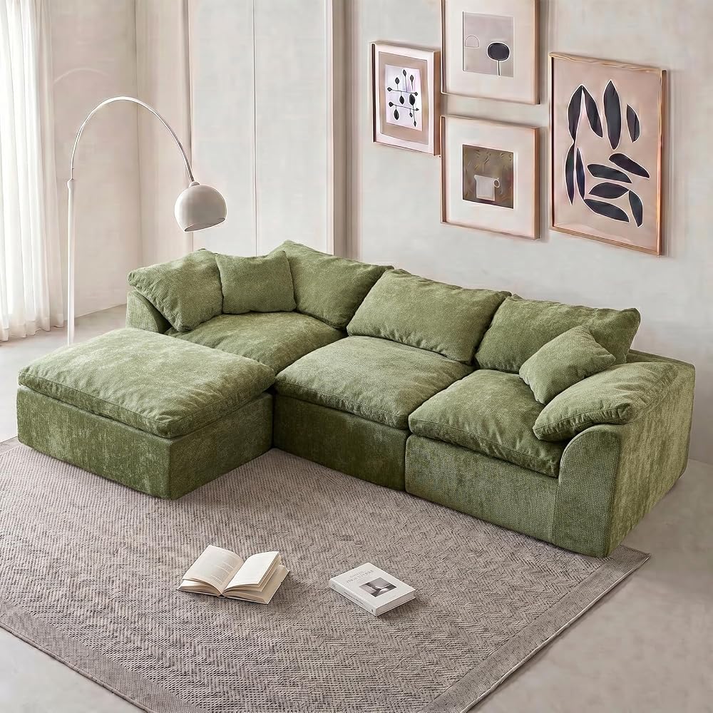 109" Modern Cloud Couches for Living Room, Deep Seat Convertible L-Shape Boneless Couch with Ottoman, Oversized Comfy 3-Seater Couch Chenille Fabric Compressed Sofa Modular Sectional Sofa, (Green)