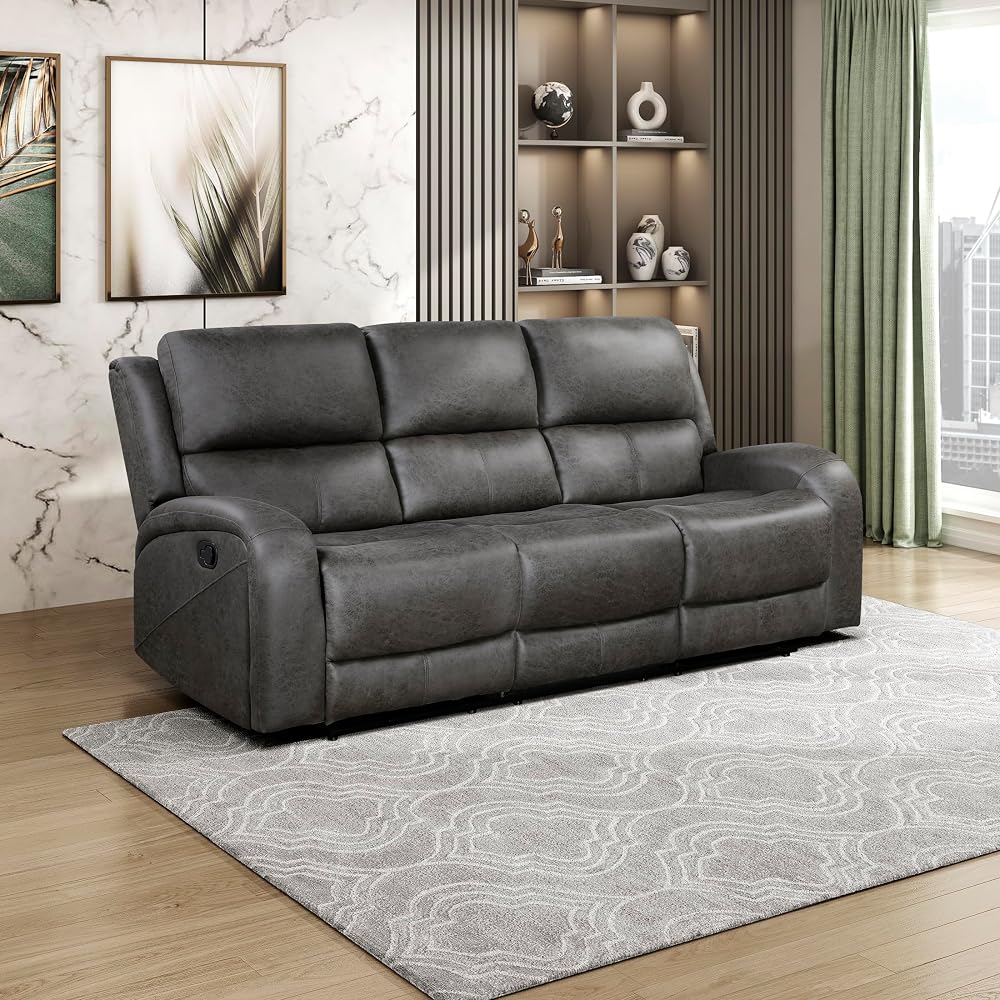 Lexicon 84.5" Polished Microfiber Manual Double Reclining Sofa, Gray