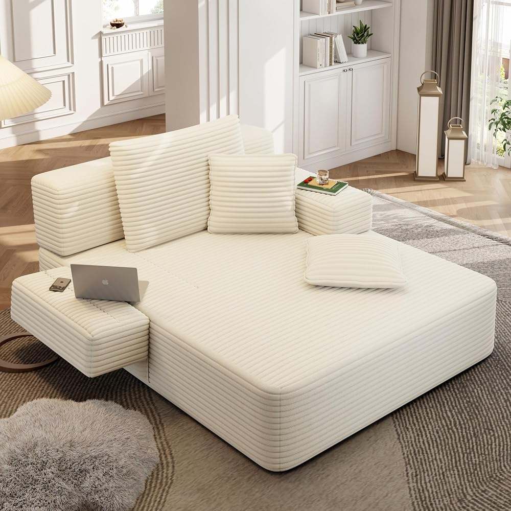 48.5'' Oversized Chaise Lounge Indoor, Corduroy Boneless Couch, Beige