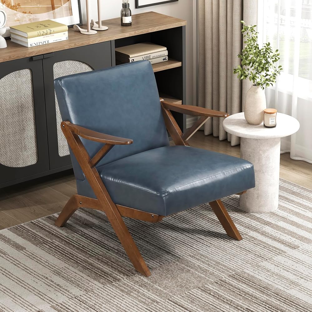 Lexicon Mid Century Modern Accent Chair, Faux Leather Upholstered Lounge Seat, Brown Finish Solid Wood Framed Comfy Side Chair for Living Room/Bedroom/Office/Waiting Area, Blue